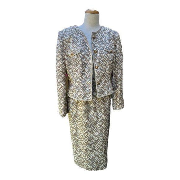 Adrianna Papell Silk Jacket & Skirt Set Geometric Print Size 8 Beige/Brown - Picture 13 of 13